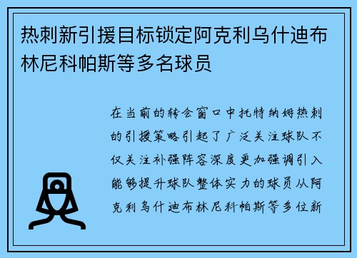 热刺新引援目标锁定阿克利乌什迪布林尼科帕斯等多名球员
